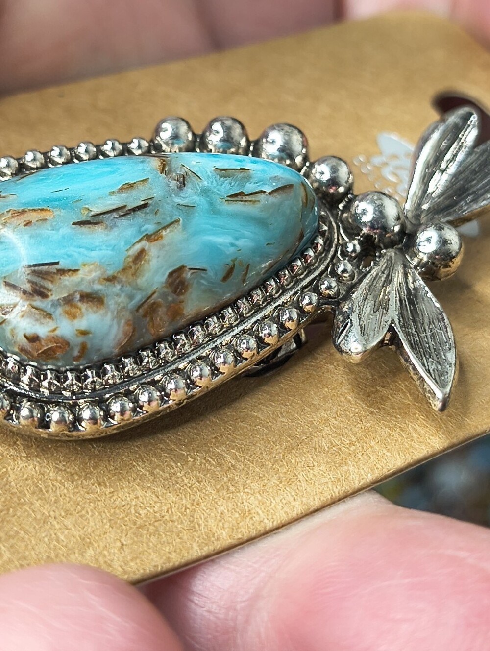 Southwestern Blue Jasper Statement Stretch Ring Silver Tone Boho Artisan NOS - Picture 4 of 6
